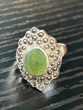 Vintage Clark & Coombs Sterling silver 925 Jade and Marcasite Ring Size 5 1/2